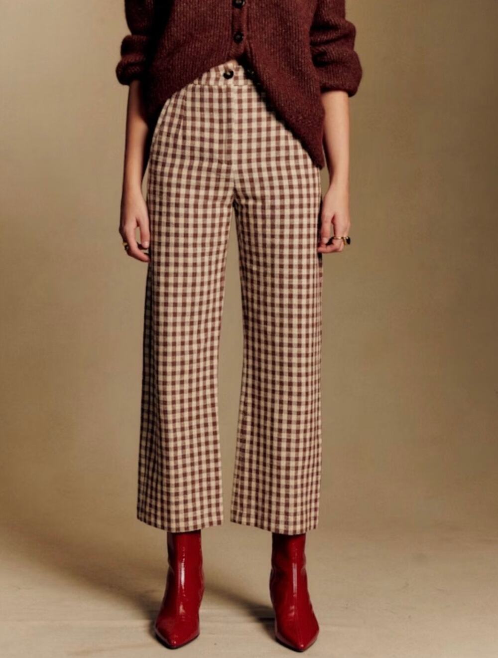 Sézane Martin Crop Trousers Brown Ecru Gingham Plaid High Rise Pants Size 2